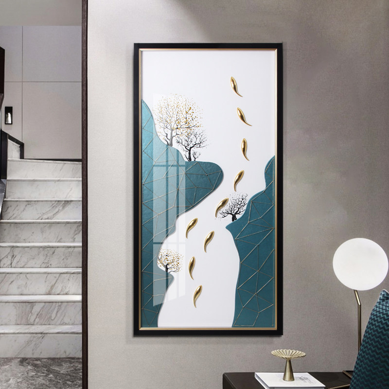 玄关过道背景墙立体艺术挂画九鱼图手工实物画竖版入户创意浮雕画