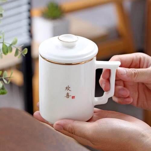 羊脂玉茶杯办公杯茶水分离陶瓷水杯大容量带盖杯子马克杯刻字礼品