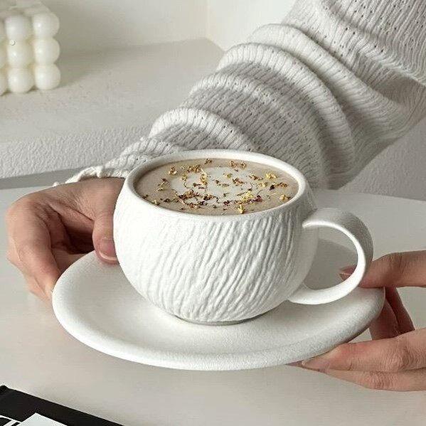 白色咖啡杯磨砂陶瓷杯复古石纹陶瓷咖啡杯高级下午茶套装美业店