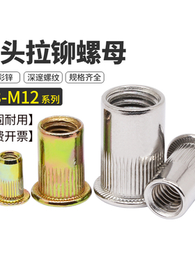 拉铆螺母304不锈钢平头柱条纹滚花拉母铁彩锌铆螺帽M3M4M5M6M8M12
