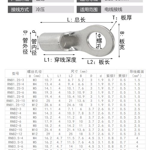 RNB1.25/2/3.5/5.5/38-4/5/6/8/10/12紫铜冷压圆型O形接线鼻端子