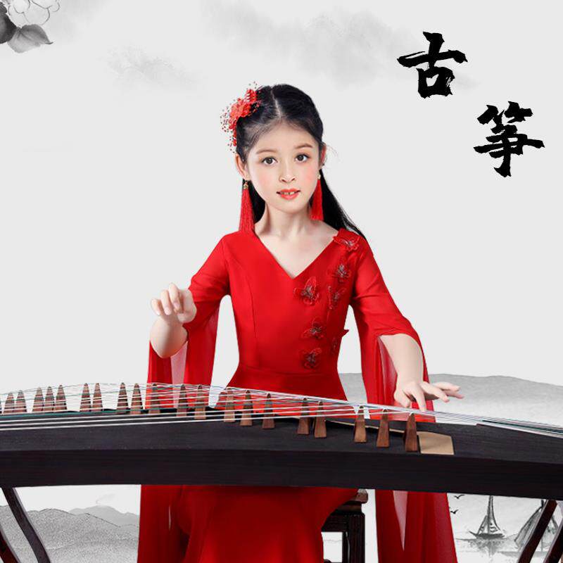古筝演出服女大童中国风飘逸水袖连衣裙仙女气质儿童民乐红色长裙