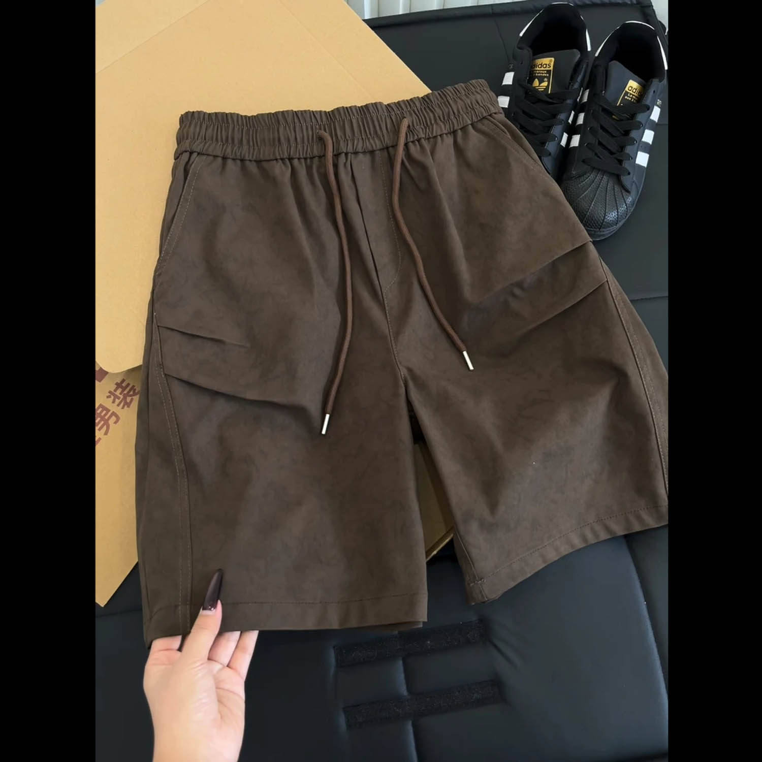 棕色美式复古短裤紫男夏季新款宽松阔腿褶皱暗纹老钱风休闲裤