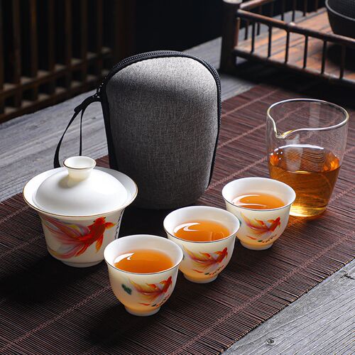 户外陶瓷旅行功夫茶具小套装车载款羊脂玉白瓷泡茶盖碗快客杯便携