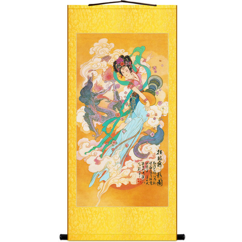 玉箫声声 拍鼓舞龙图 仙女神仙复古装饰画绢布卷轴挂画 来图定制