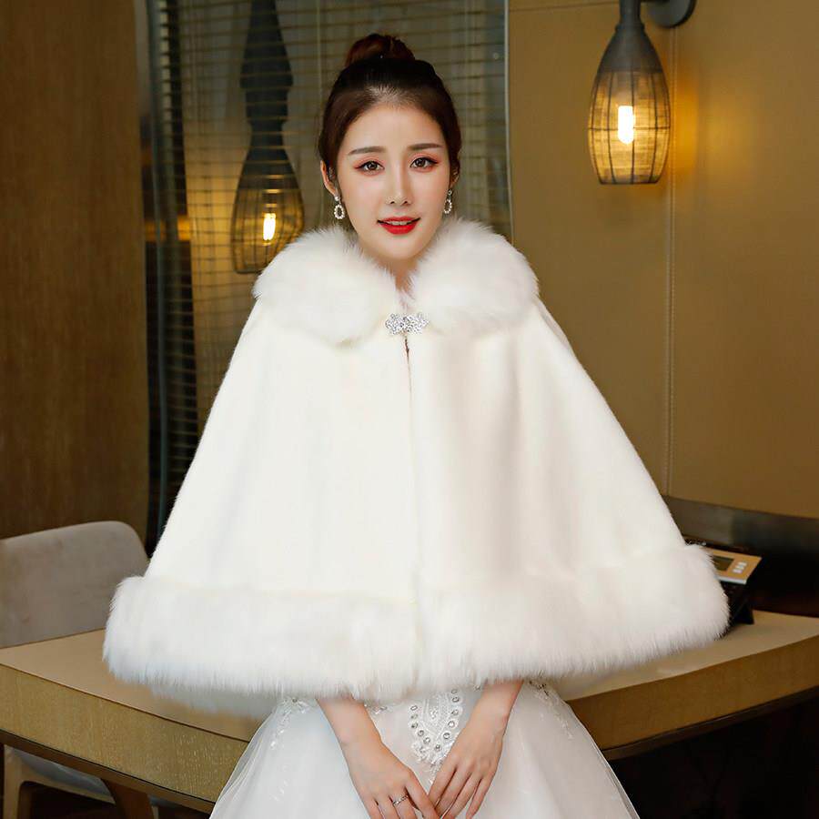 新娘结毛婚披肩婚纱披肩斗篷DYO草婚礼保暖披风色白大码伴娘皮外