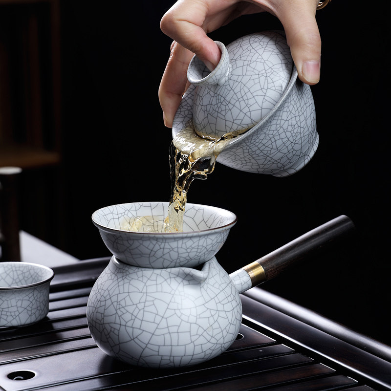 月白汝窑功夫茶具可把烫整套翼侧片茶壶泡茶器养开纹陶瓷禅防中式