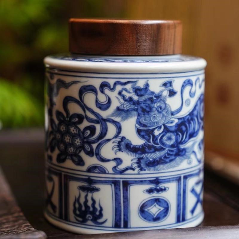 造悟堂青花茶叶罐醒狮绣球陶瓷胡桃木礼盒装茶仓礼物旋扣盖储存罐