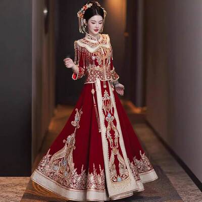 2026新款奢华丝绒秀禾服珠绣凤冠霞帔新娘结婚中式礼服重工出阁服