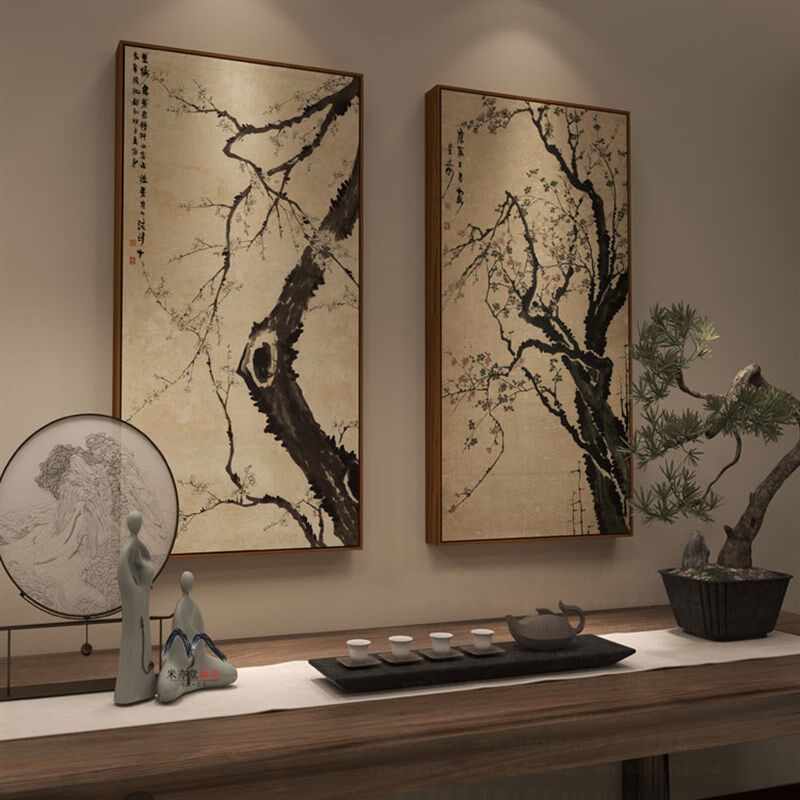 米亦堂x水墨梅花 新中式国画禅意办公室书房餐馆客厅玄关双联挂画