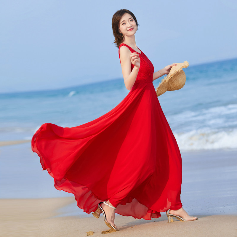 长款连衣裙夏2021新款女气质长裙大摆修身吊带裙无袖蕾丝裙沙滩裙