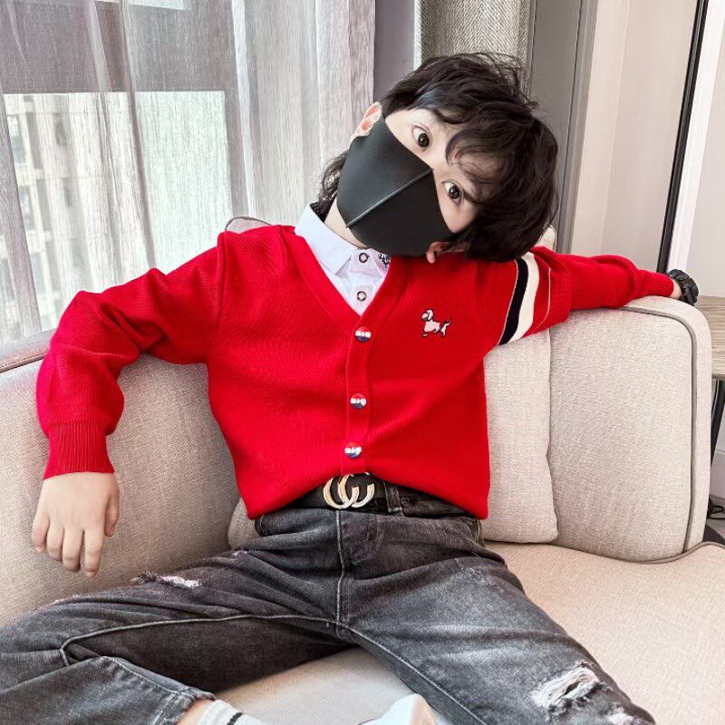 男童针织开衫男孩假两件新年小狗毛衣中大童2024秋冬儿童洋气外套