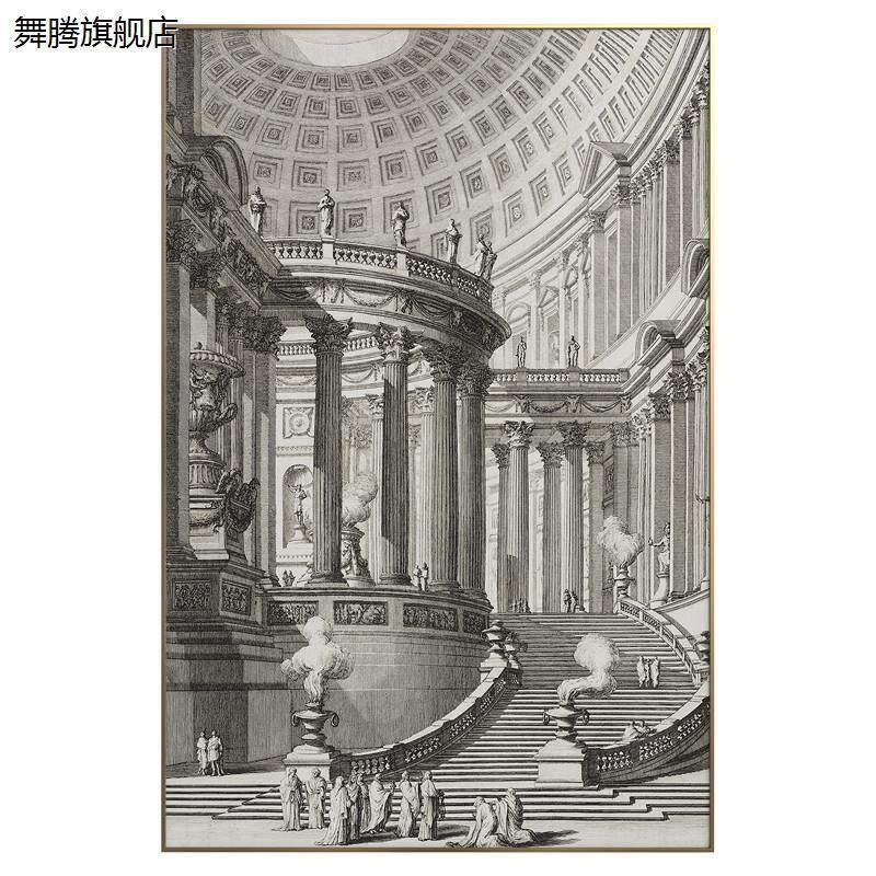 新品复古装饰画客厅沙发背景墙挂画城堡建筑艺术黑白简约巨幅壁画