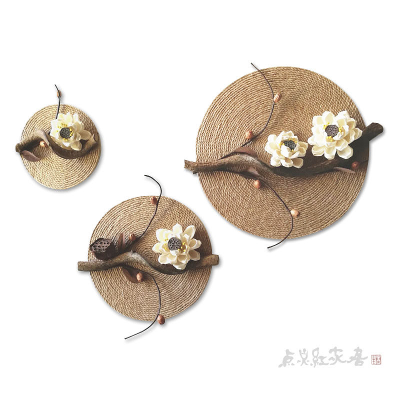 睡莲清韵麻绳圆形装饰画禅意新中式家居壁饰挂件干花玄关墙饰新品