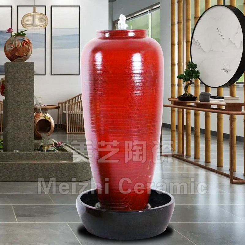 室内红色陶瓷落地加湿器摆件自动循环流水陶罐喷水景观花瓶涌水坛