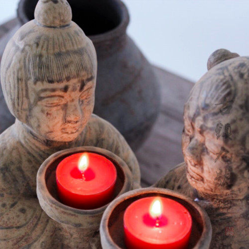 古代老烛台仿古做旧出土油灯盏 复古陶俑蜡烛台成对 摄影装饰摆件
