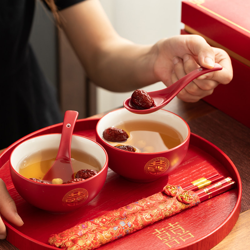 唐呈喜碗敬茶杯结婚礼改口喜杯对杯碗筷套装婚庆女方陪嫁用品大全