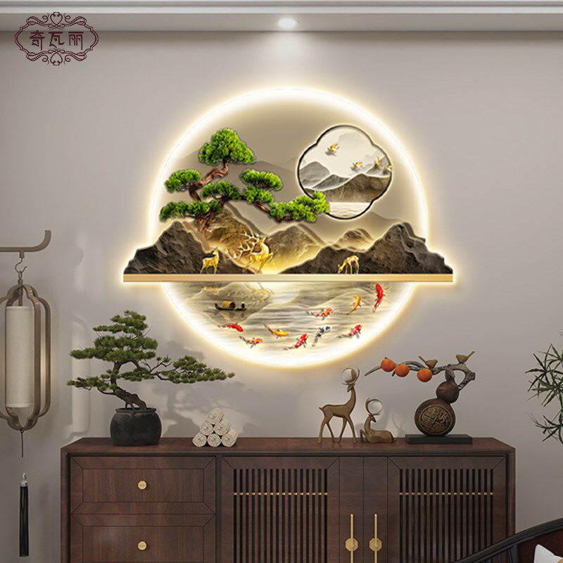 新中式玄关装饰画带灯流水生财山水入户正对门挂画客厅迎客松壁画
