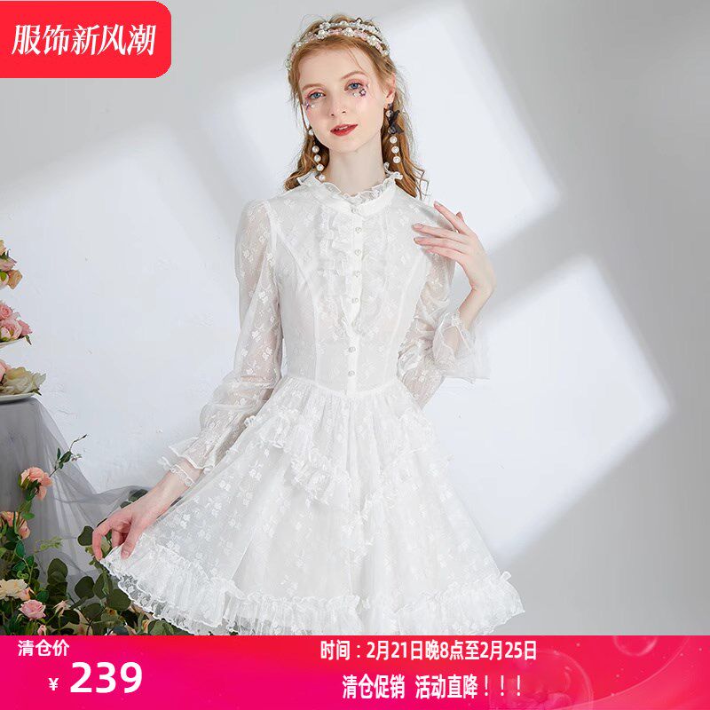 艾丽丝2025春季新款甜美公主风短款裙子半高领荷叶边显身材连衣裙