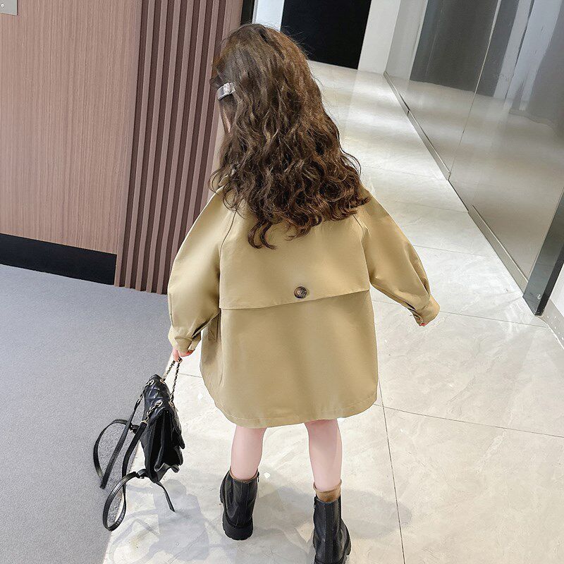 女童纽扣风衣中长款2024新款儿童洋气女孩女宝宝秋季秋装外套上衣