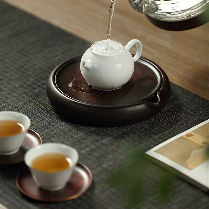 家用复古黑檀木圆形壶承盛水干泡盘储水壶托茶台嵌入茶盘功夫茶具