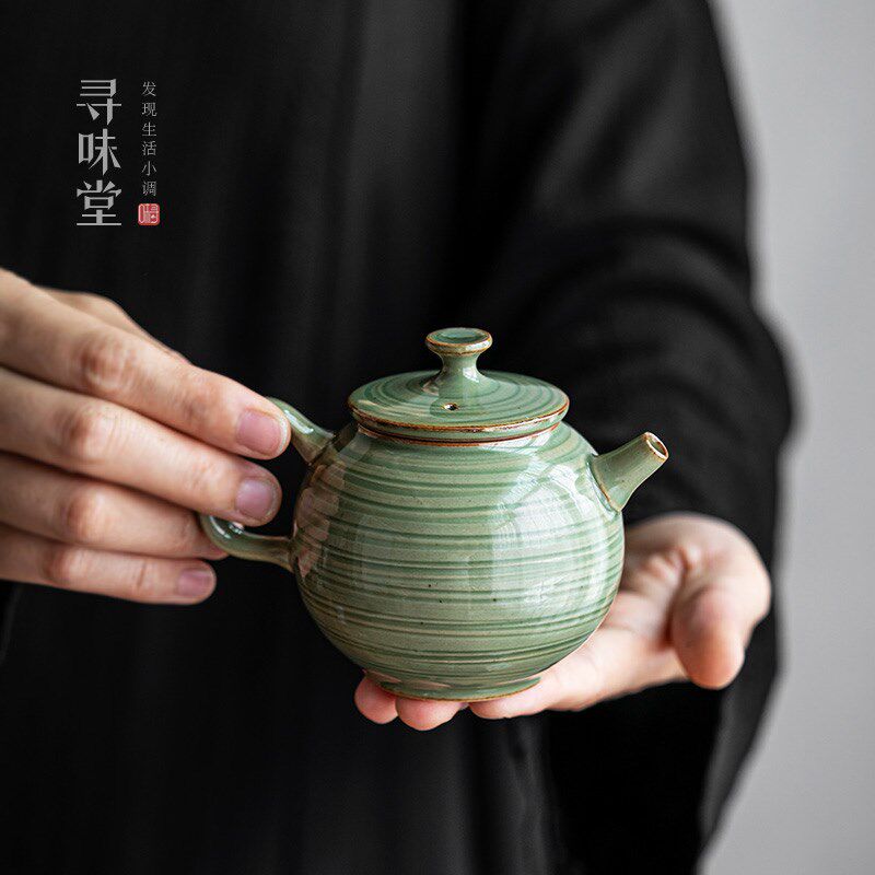 竹青釉陶瓷小茶壶复古风手执壶石纹壶中式家用功夫茶具贵妃壶