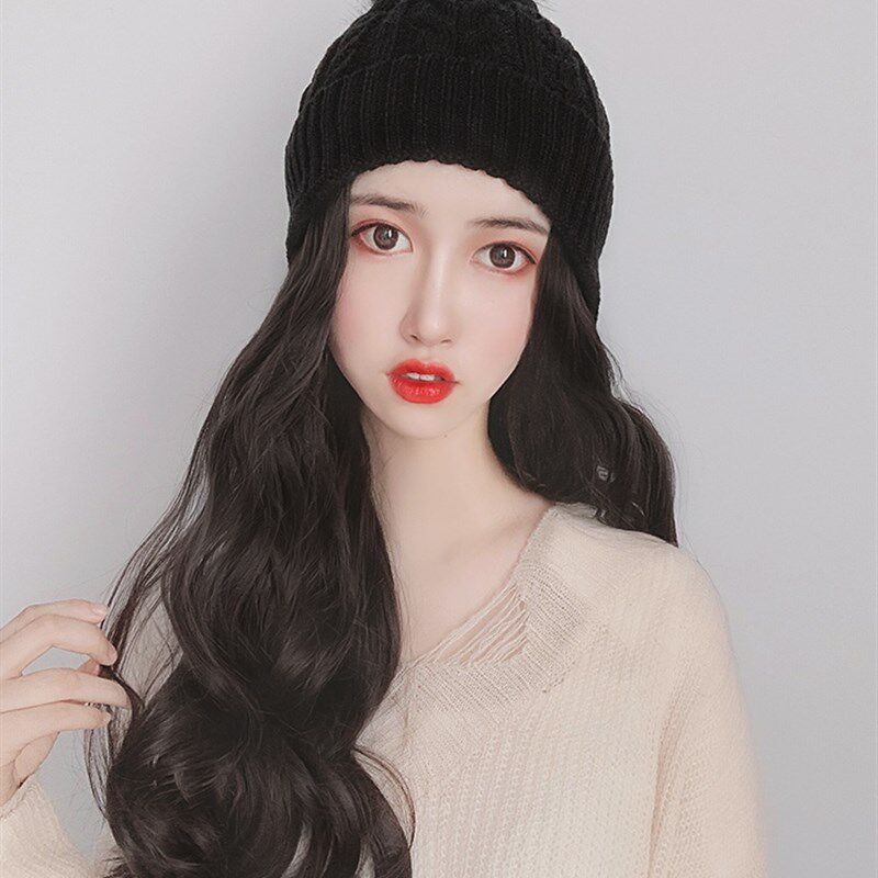 假发女长发自然全头套针织帽子假发一体女冬天时尚接发片真人发丝