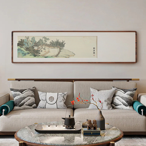 钓月亭 沈周新中式装饰画横版水墨山水中古风沙发背景床头长条画