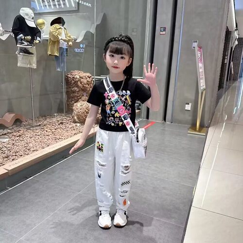 女童夏装套装2023新款洋气时髦网红破洞牛仔裤夏季t恤短袖两件套