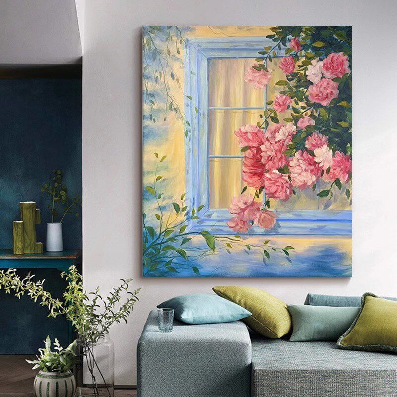 治愈系手绘玄关装饰画客厅牡丹花卉挂画肌理油画暖色风景壁画无框