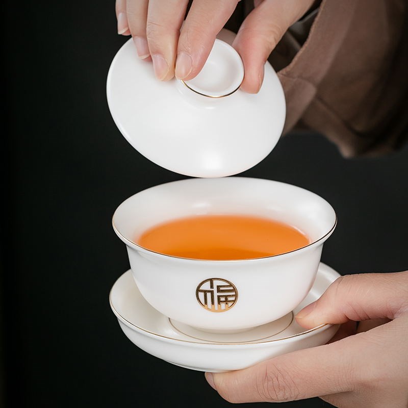 高档素烧羊脂玉白瓷描金带福功夫茶具整套家用办公轻奢泡茶壶盖碗