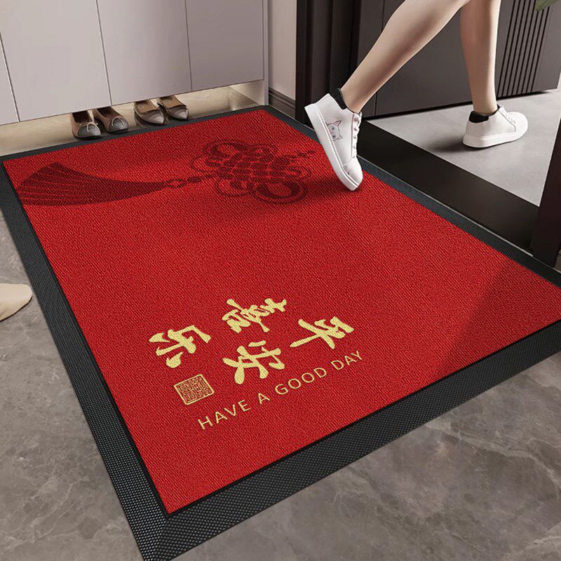 高端入户门地垫新中式进门耐脏绣花地毯红色别墅玄关大门口脚垫子