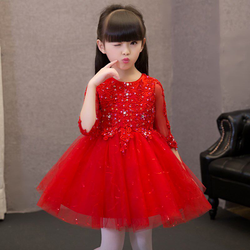 儿童礼服女童晚礼服婚纱红色公主裙蓬蓬纱花童主持人生日钢琴演出