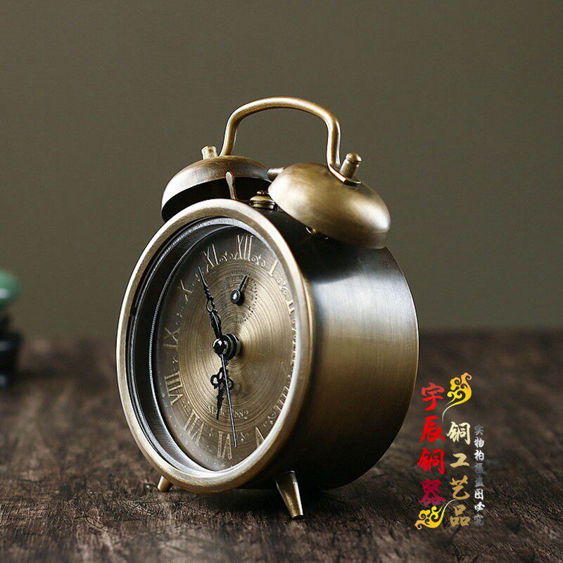 仿古做旧闹钟纯铜创意床头钟表上弦钟表座钟家居装饰老式机械闹钟