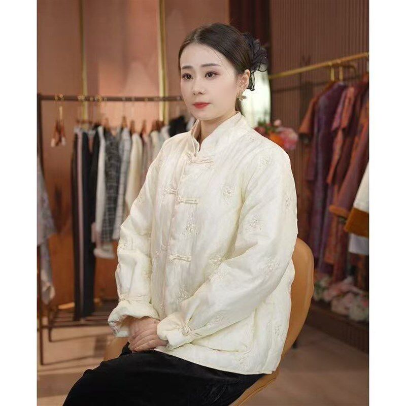 新中式女装粉色棉服外套女冬季2024年新款高级感国风盘扣唐装上衣