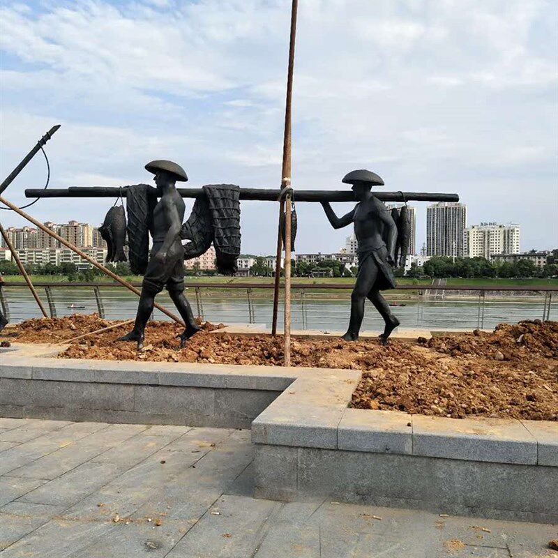 渔民文化风俗小品公园广场户外景观捕鱼画船情景玻璃钢人物雕塑