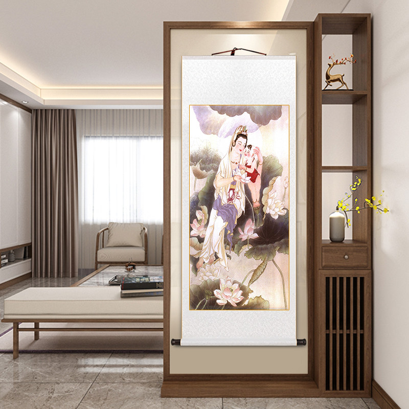 玄关画送子观音图新中式客厅装饰画名家卷轴挂画供奉观世音菩萨画