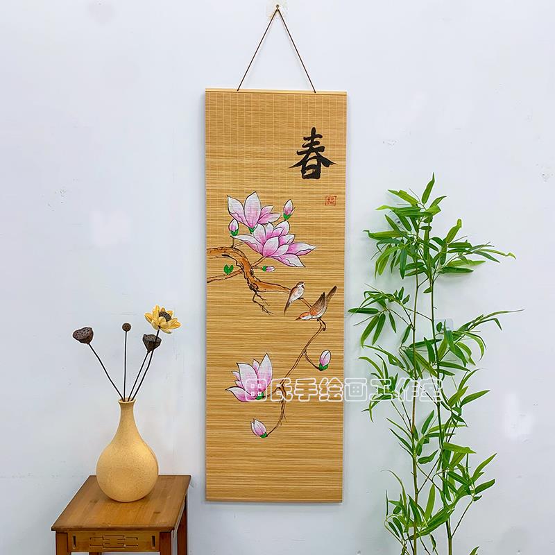 春夏秋冬梅兰竹菊手绘竹帘挂画中式饭店民宿养生馆墙面装饰画挂件