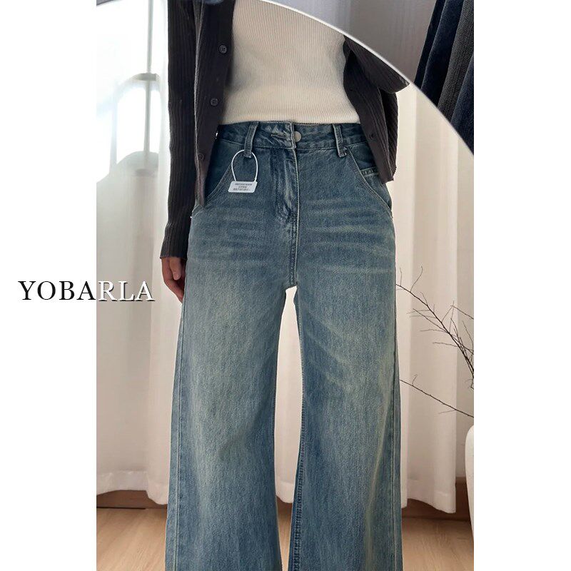 复古高腰直筒牛仔裤女冬季加绒大码胖mm宽松显瘦梨形身材阔腿裤子