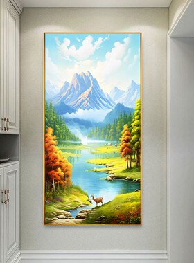 青山绿水挂画东西墙客厅玄关装饰画日照金山聚宝盆绿色风景背景图