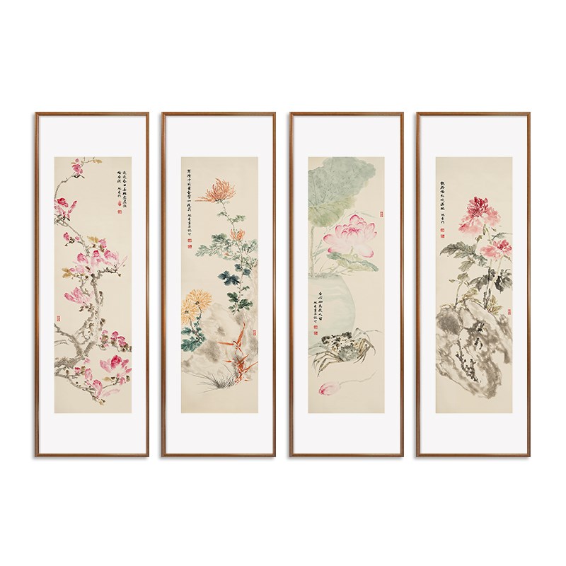 新中式客厅挂画国画花鸟四条屏沙发背景墙装饰画