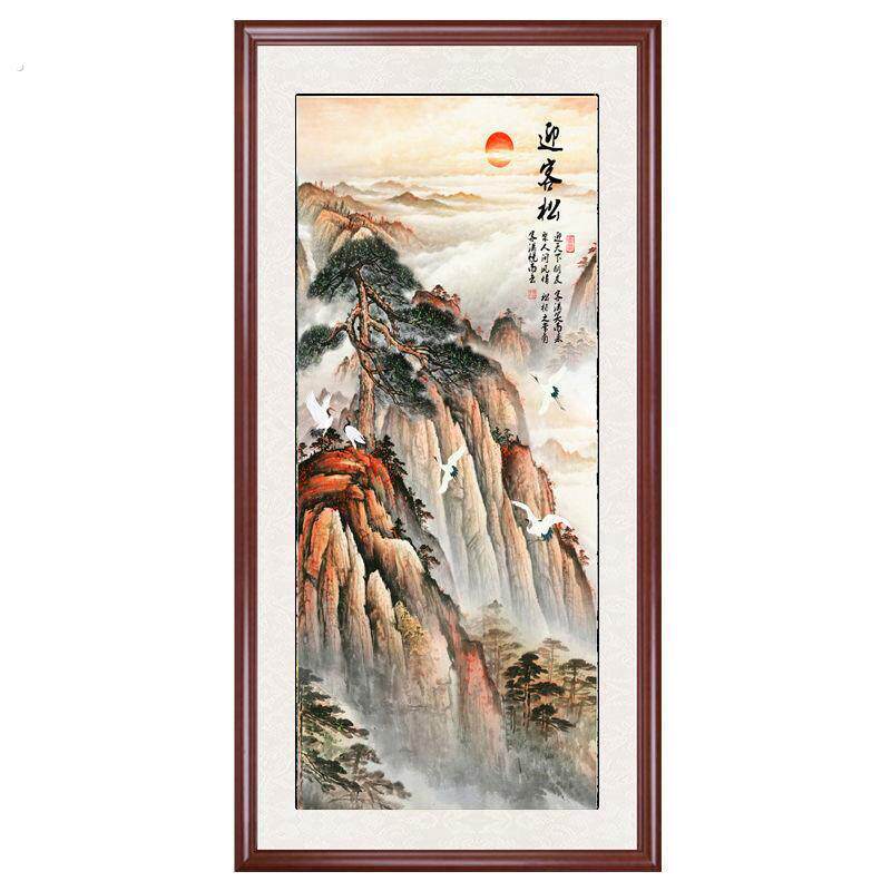 迎客松国画成品新中式山水画入户玄关装饰画竖版走廊过道实木挂画