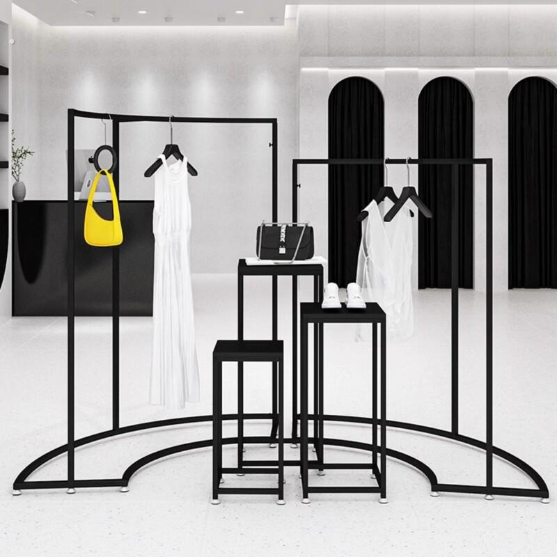 服装店中岛展示架铁艺黑色弧形衣服陈列架组合女装店铺货架挂衣架