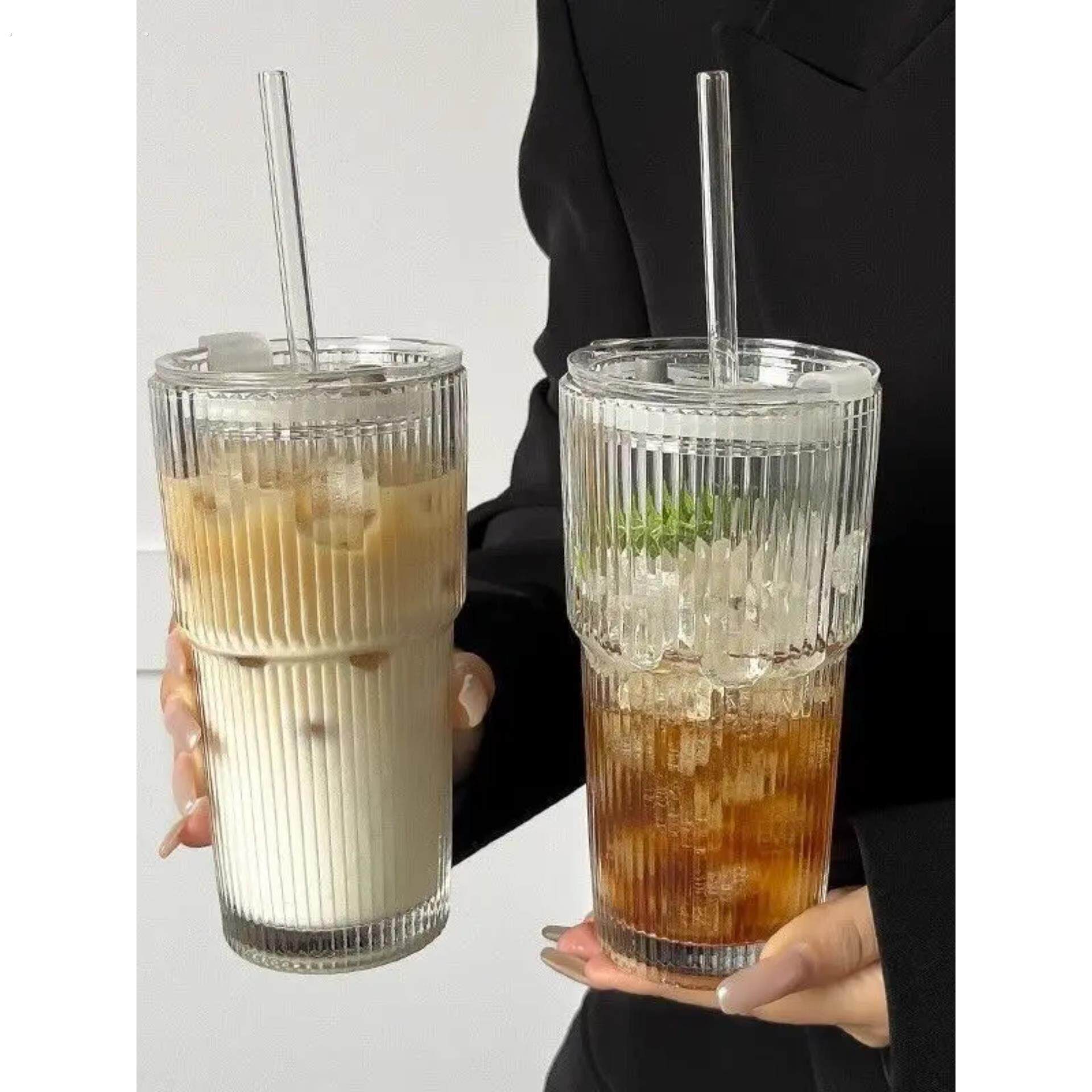 【两祇装】夏日冷饮果汁咖啡杯带盖子吸管大容量竖条纹玻璃杯高颜