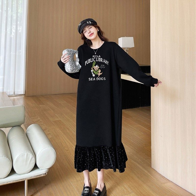 初秋新款2025秋冬加绒加厚胖mm大码女装法式裙摆卫衣裙长款200斤