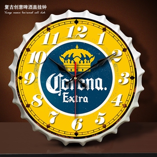 立体铁艺创意啤酒盖静音挂钟餐饮酒吧商用家用墙壁钟表墙壁装饰品