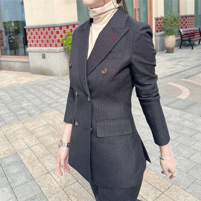 秋冬女士厚款西装套装灰色修身职业工装双排扣两件套定制正装