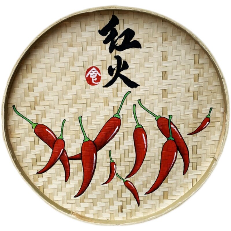 手绘竹编簸箕画农家乐餐馆饭店墙面墙壁装饰画复古特色工艺品挂饰