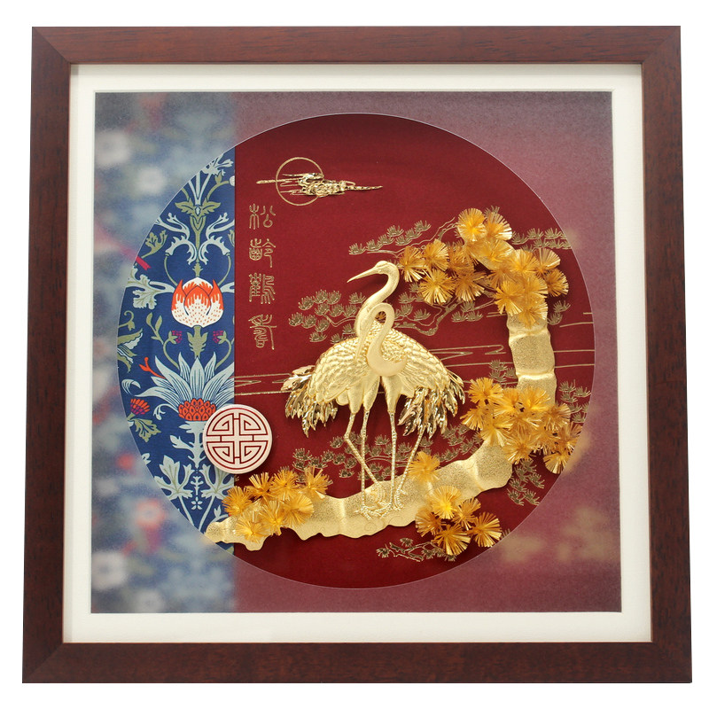 祝寿礼品松龄鹤寿金箔画80岁老人生日礼物送爷爷奶奶长辈创意摆件