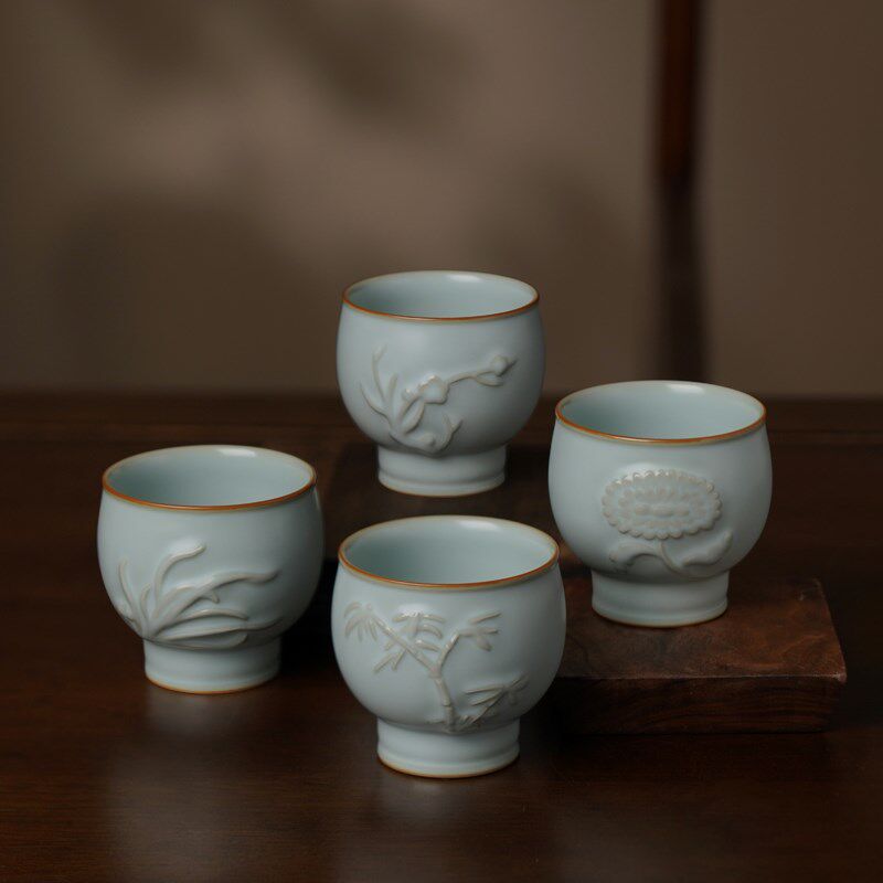 汝窑梅兰竹菊主人茶杯套装景德镇陶瓷手工茶具复古汝瓷茶盏四君子